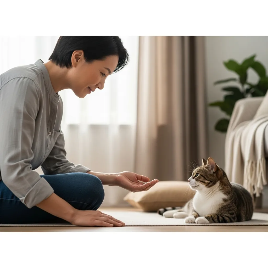A serene and intimate moment between a human and a domestic cat in a calm home environment, symbolizing companionship and mutual respect.