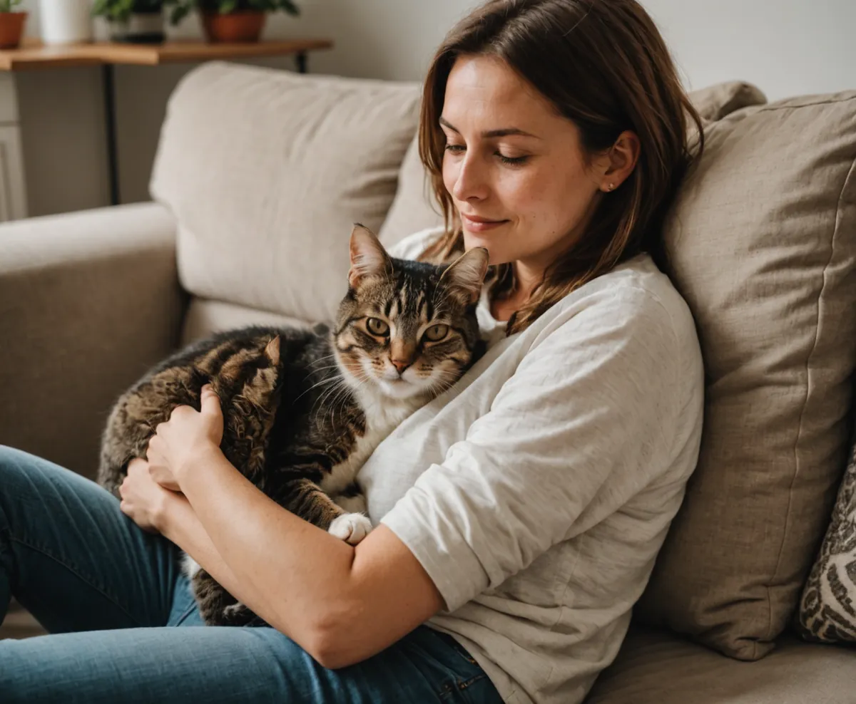 고양이와 사람이 서로에게 기대어 편안하게 쉬는 모습
