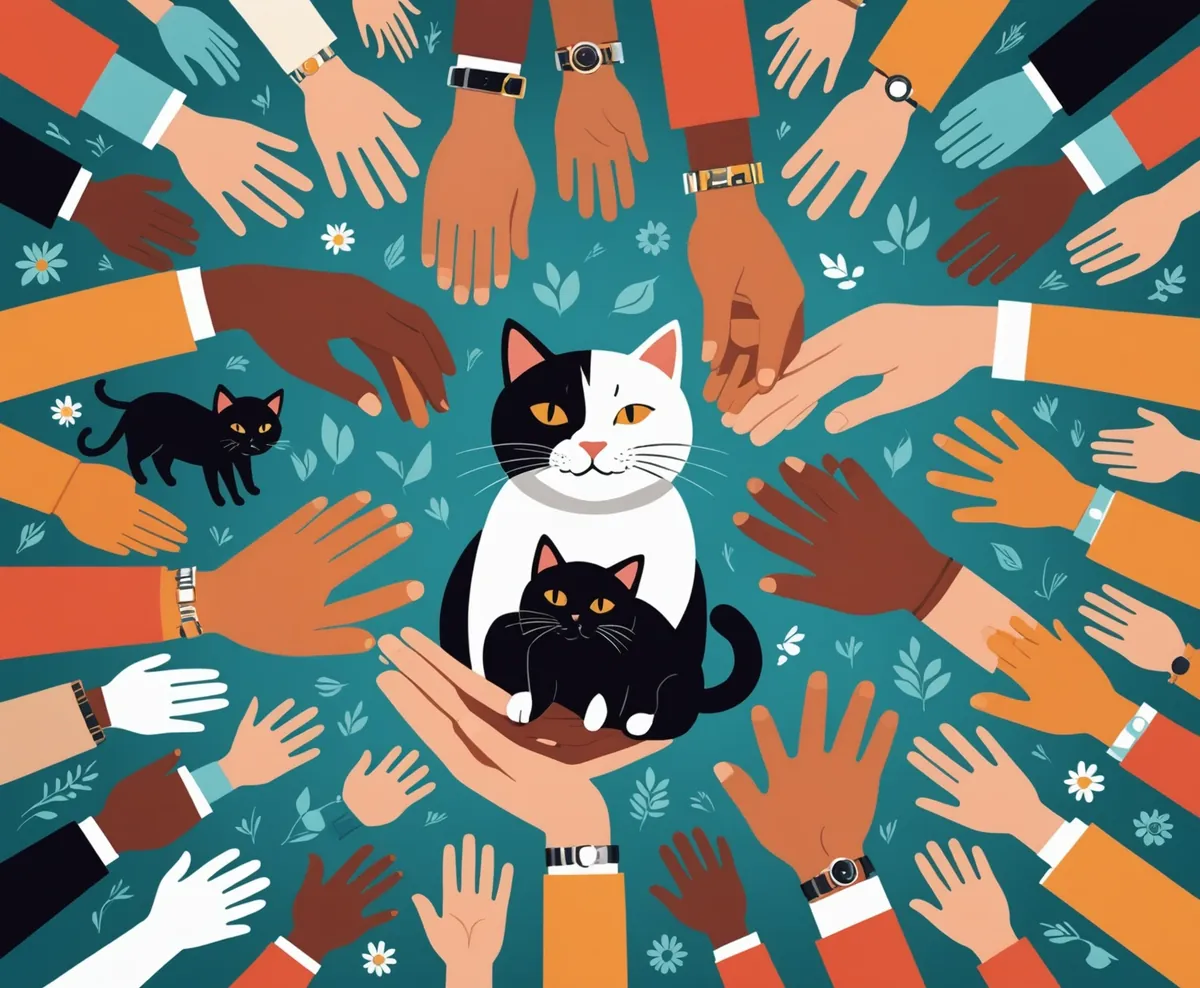 사람들이 고양이와 함께 더 나은 사회를 만들어가는 모습을 상징하는 일러스트